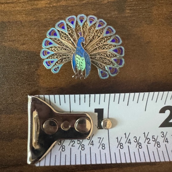 Antique Enamel Peacock Brooch Pin Blue Green - Picture 6 of 6